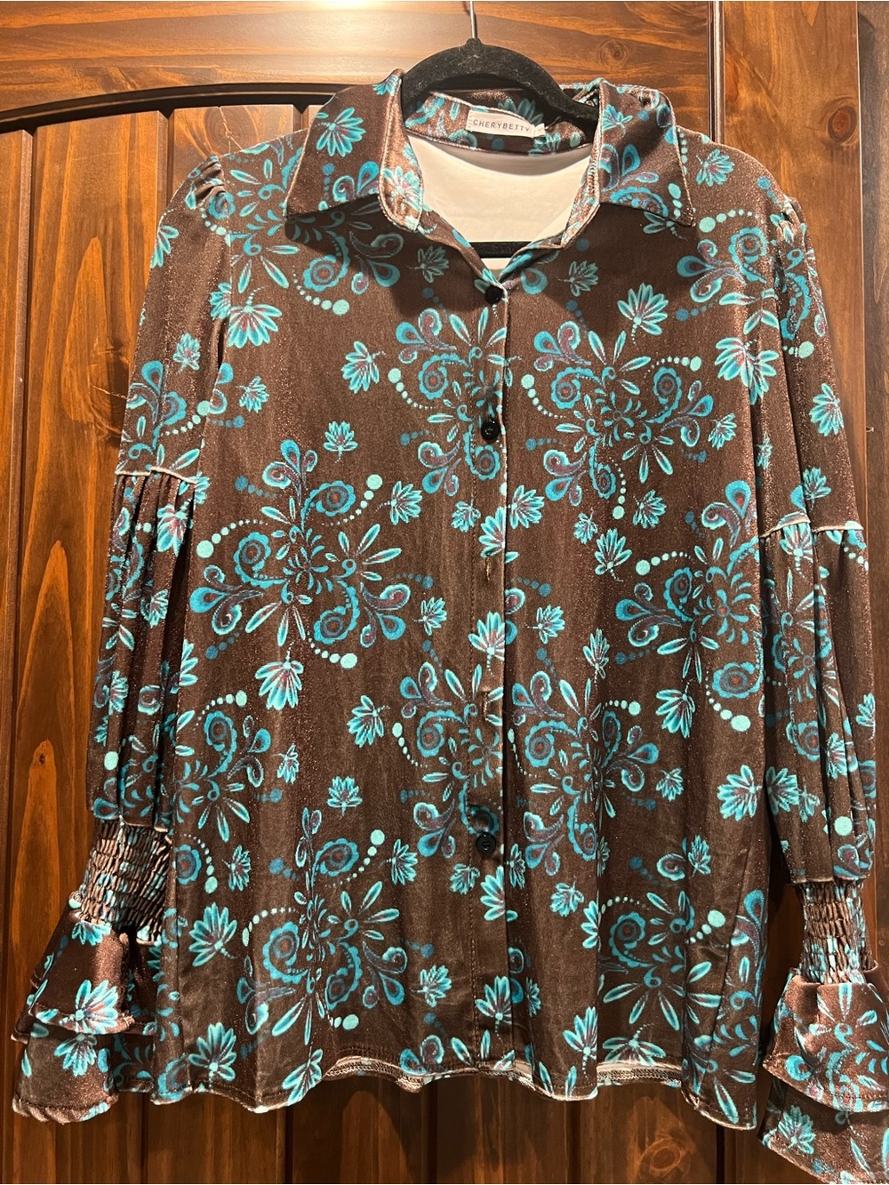 Turquoise Floral Brown Button-Front Blouse